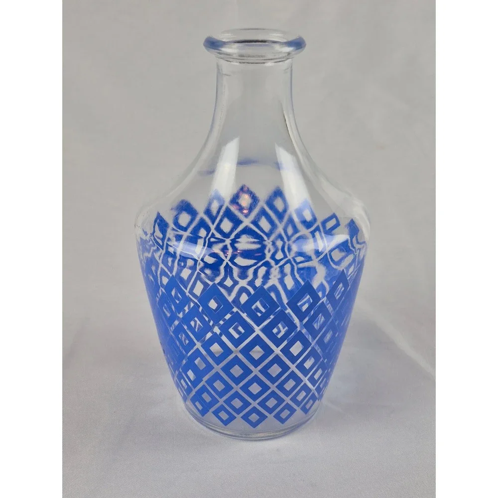 Vintage French Blue Diamond Glass Carafe Decanter Cobalt Lattice MCM Bud Vase